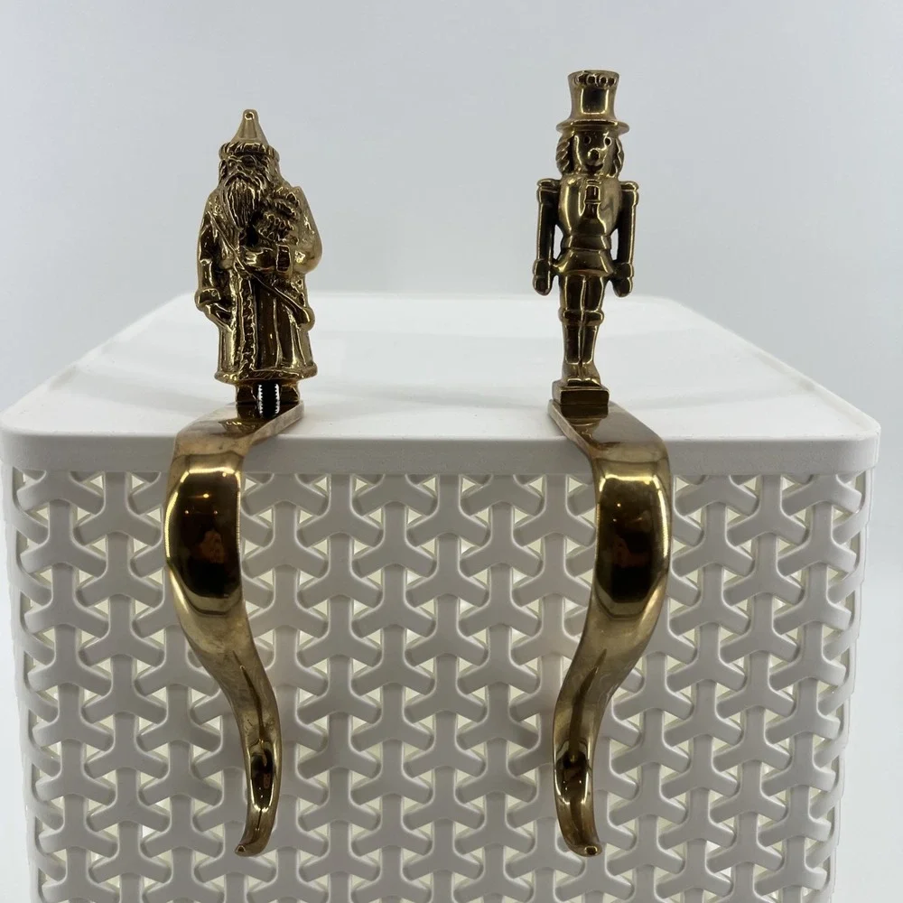 2 Vintage Solid Brass Holiday Christmas Stocking Holders Santa Toy Soldier